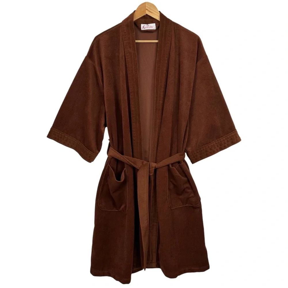 Luxurobe Vintage New York Velour Chocolate Brown Bath Robe Smoke Coat Jacket